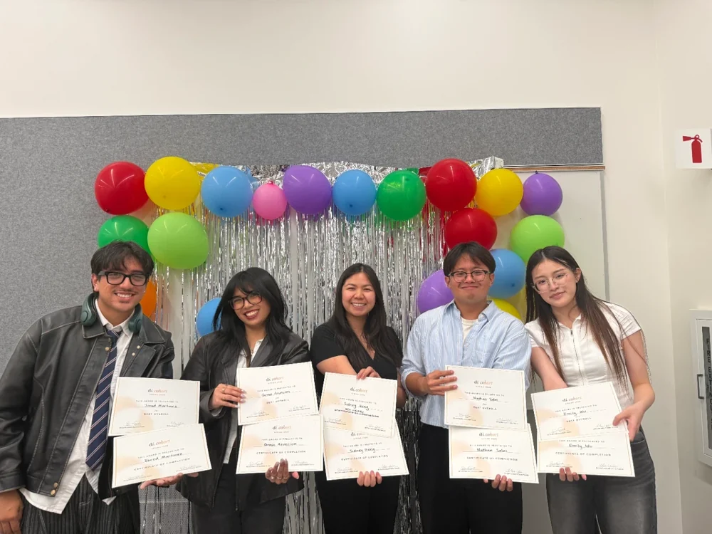 The five-person Threadit team holding their Best Overall and completion certificates in front of a balloon backdrop