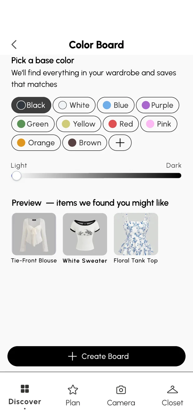 The Color Board screen: pick a base color and see items found from your wardrobe