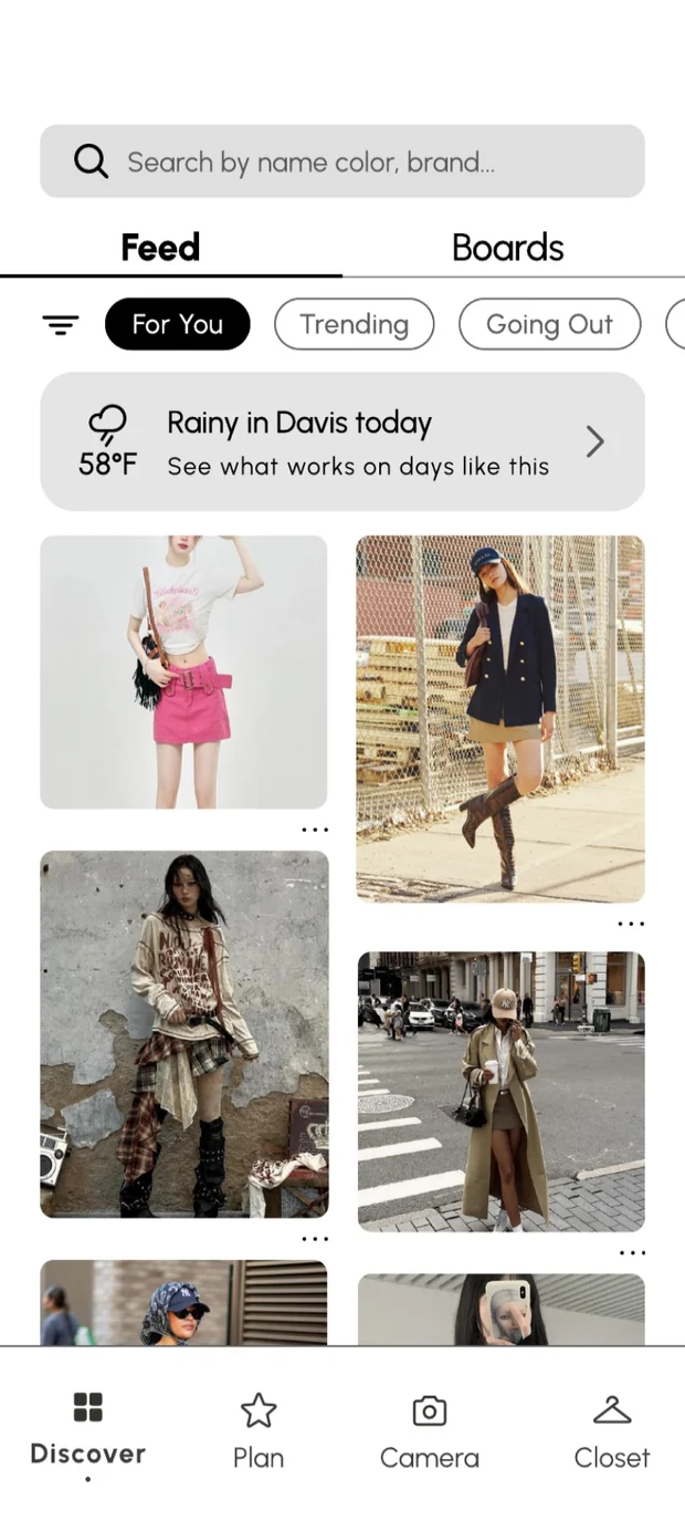 The for-you feed with a weather card and outfit photos