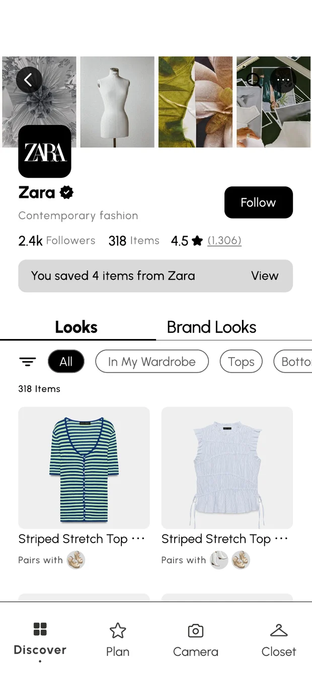 A Zara brand page with Looks and Brand Looks tabs