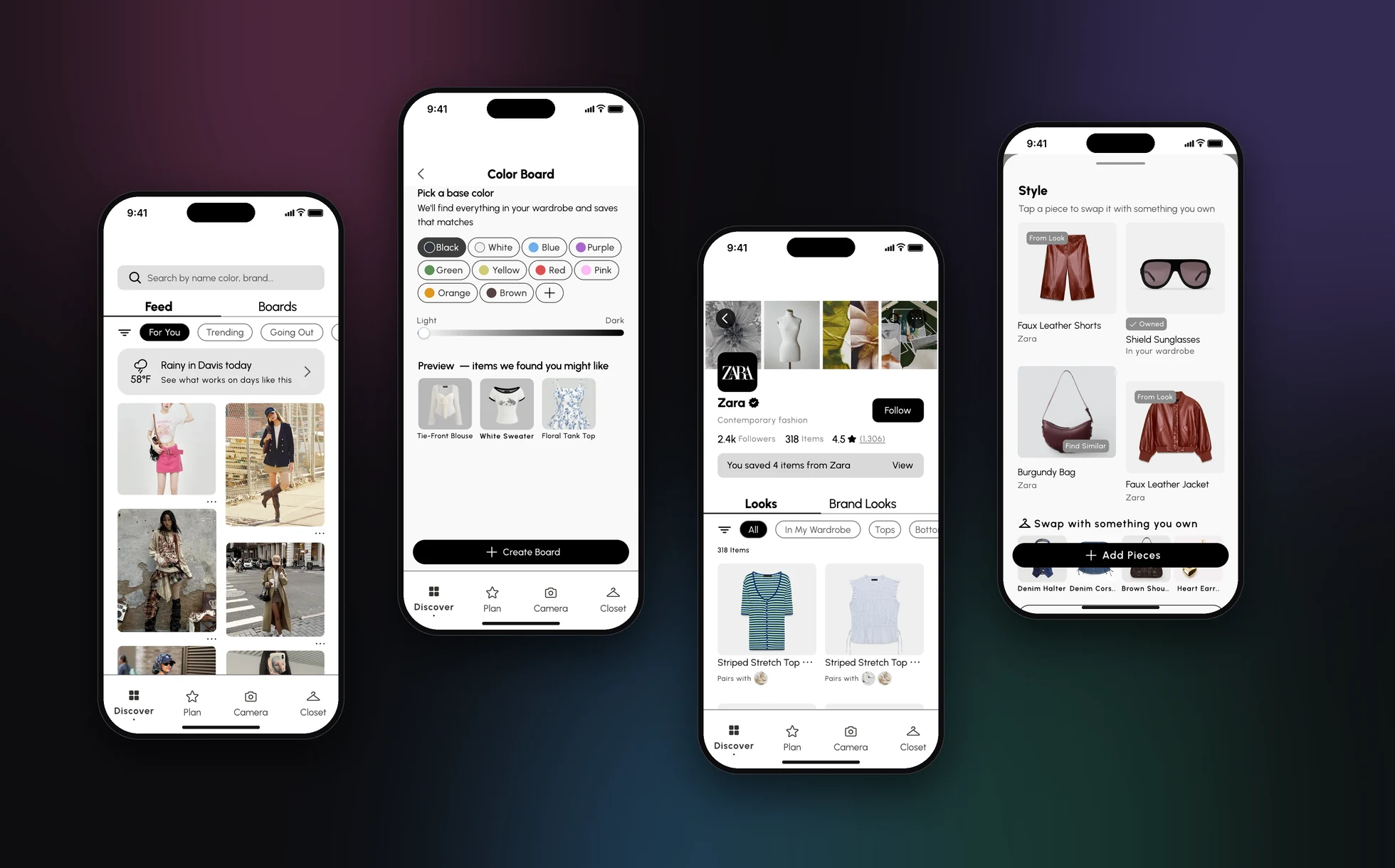 Four Threadit screens on phones: the for-you feed with a weather card, a color board, a Zara brand page, and the Style Match sheet