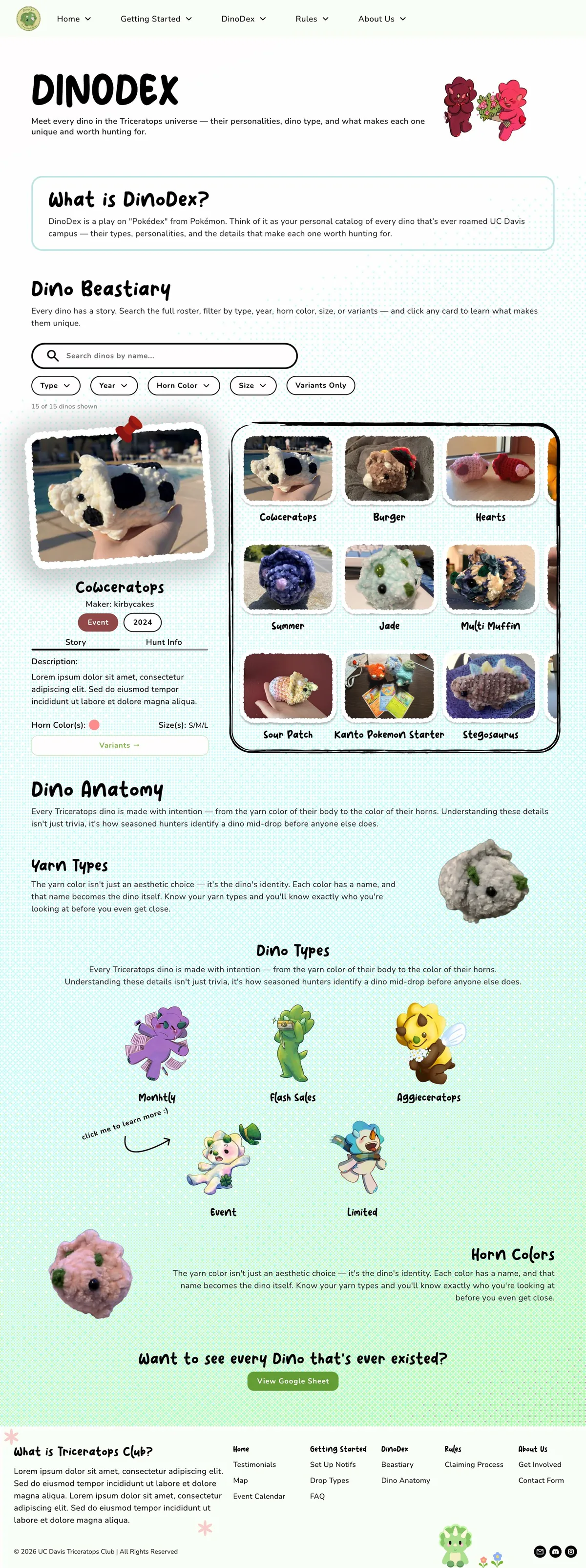 Hi-Fi V1 DinoDex page with a search bar, five filters, and a master-detail dino card