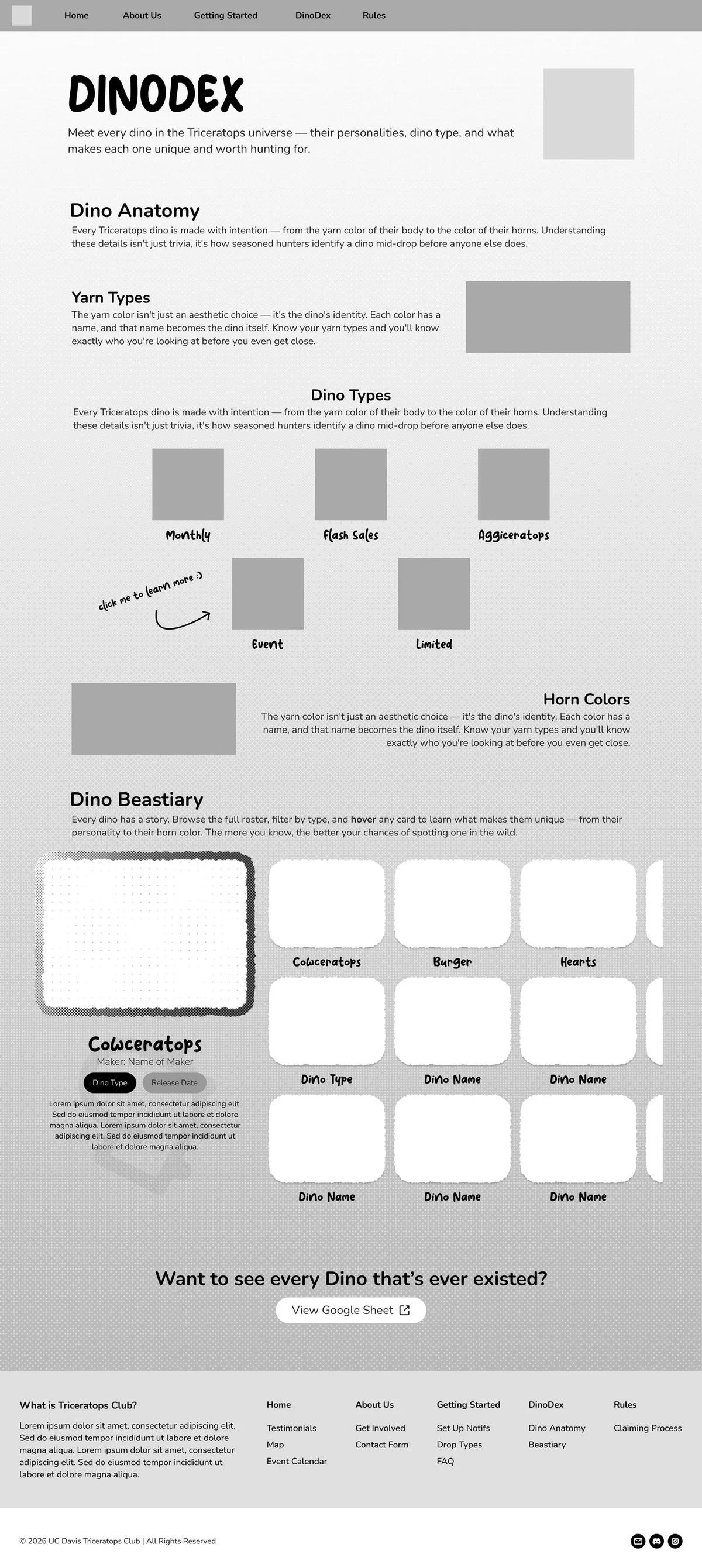 Mid-fi DinoDex page: dino anatomy sections on top, beastiary cards below, spreadsheet link at the bottom