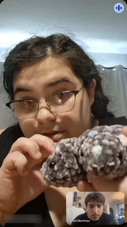 Google Meet interview with a club member holding up her crochet dino